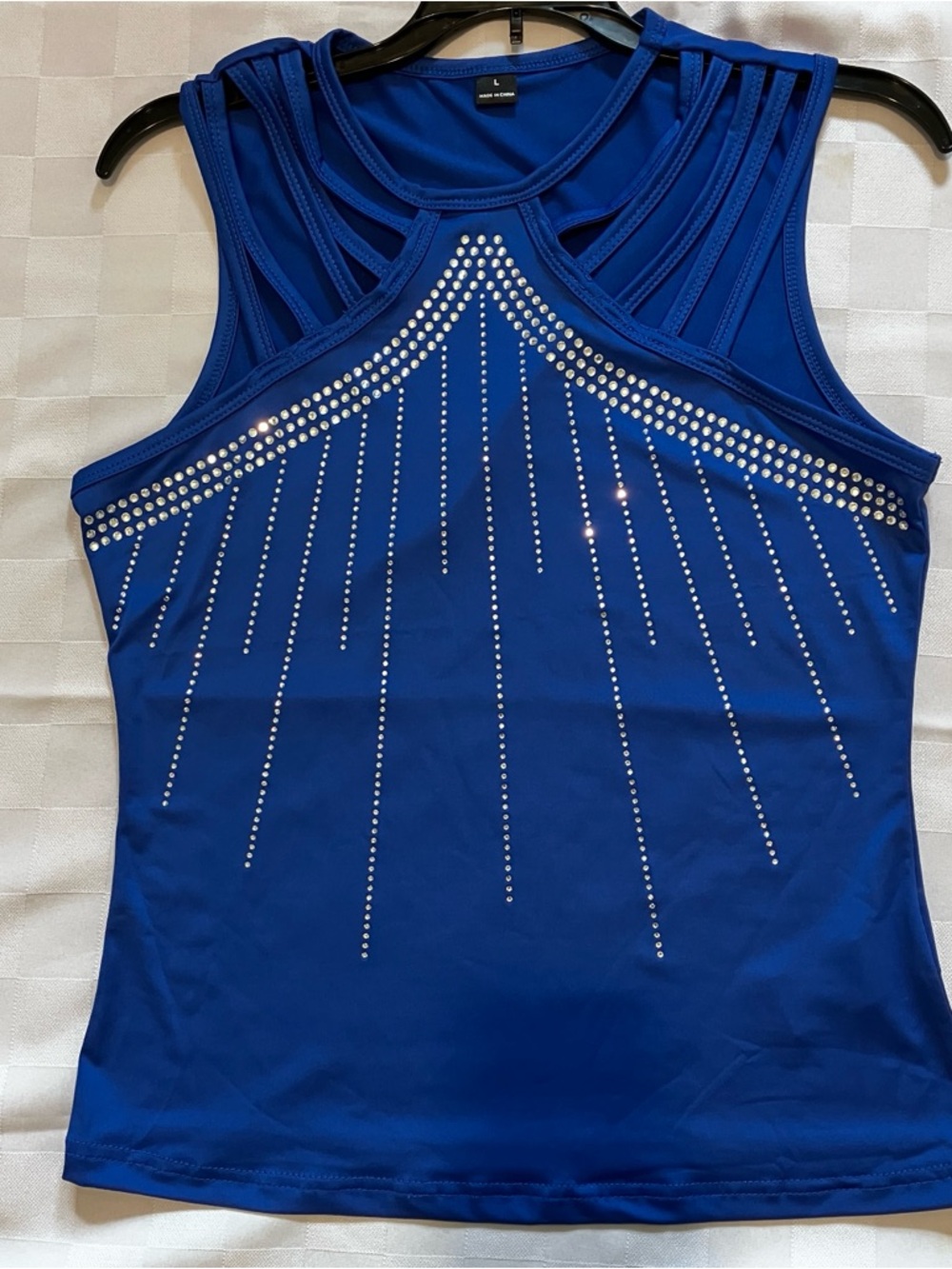 Women’s Blue Sleeveless Strappy Neckline Rhinestone Tank Top